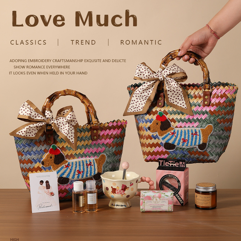 结婚伴手礼新娘实用伴娘伴郎腊肠狗藤编篮礼品套装送宾客婚庆回礼