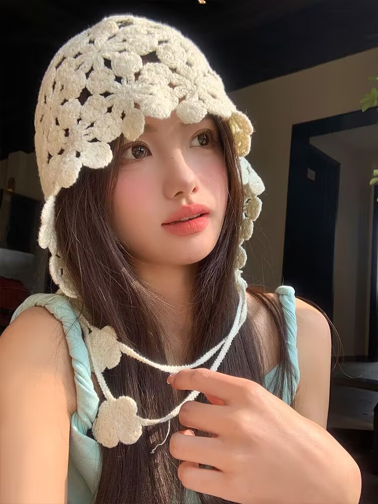 破西米亚风手工钩针线帽修饰脸型显脸小宽松版流速棉折叠旅行必备