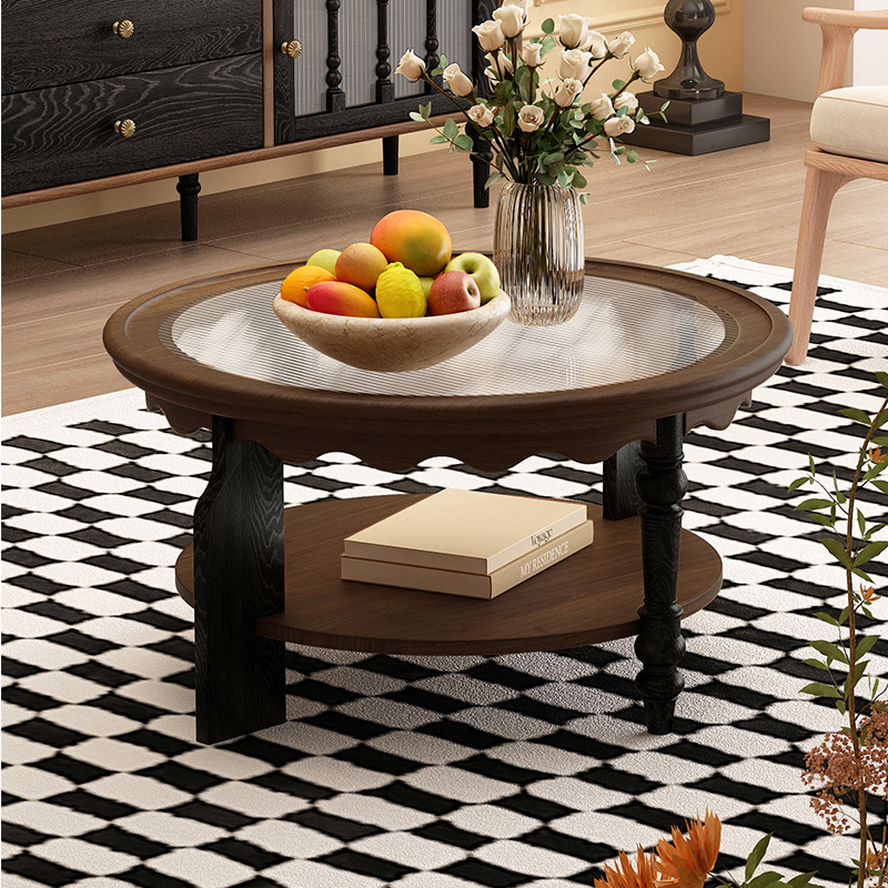 (红橡木)法式复古大气全实木圆茶几中古风客厅小茶几茶桌边几家具