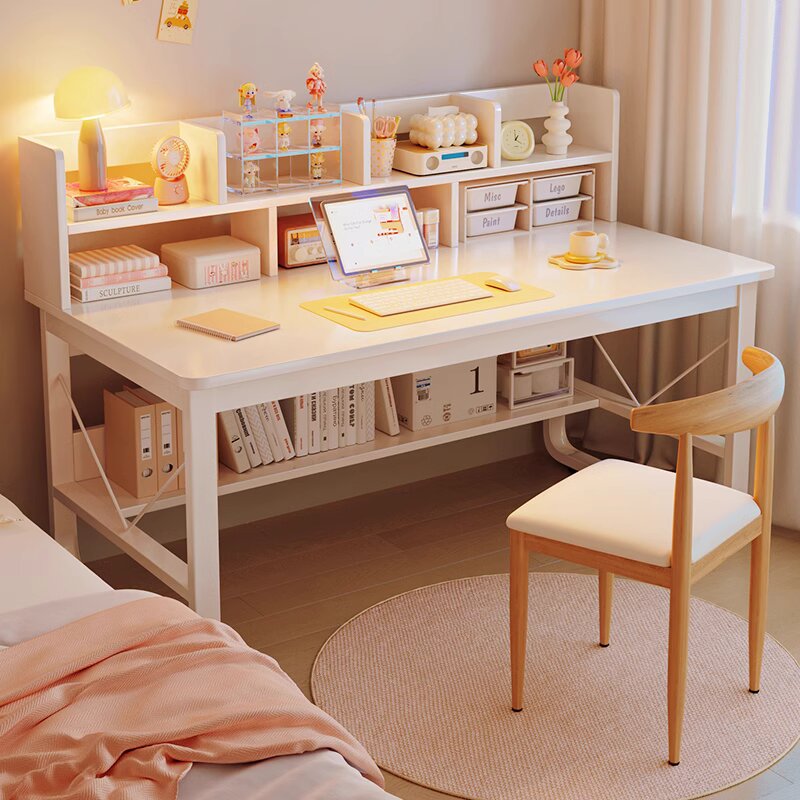 书桌书架一体桌学生书房写字学习桌子奶油风家用带抽屉台式电脑桌