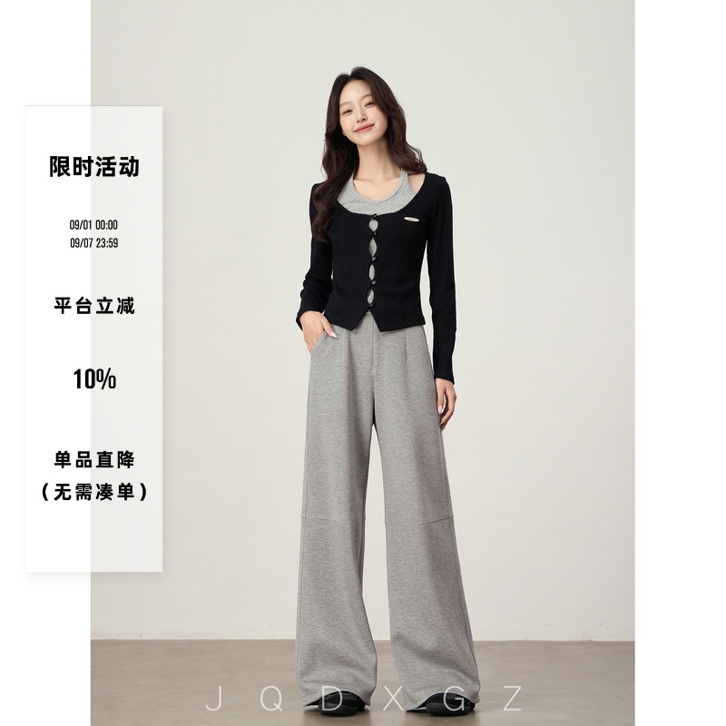 灰色卫裤春秋款阔腿裤宽松高腰显瘦休闲裤女2025新款HH01-25CK413
