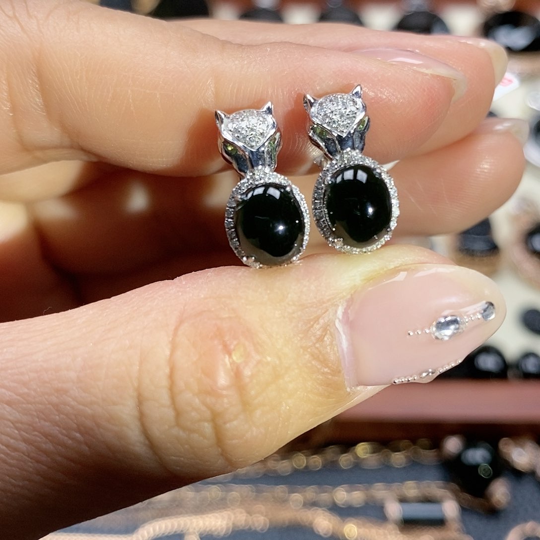 翡翠耳饰18K金镶嵌墨翠耳包