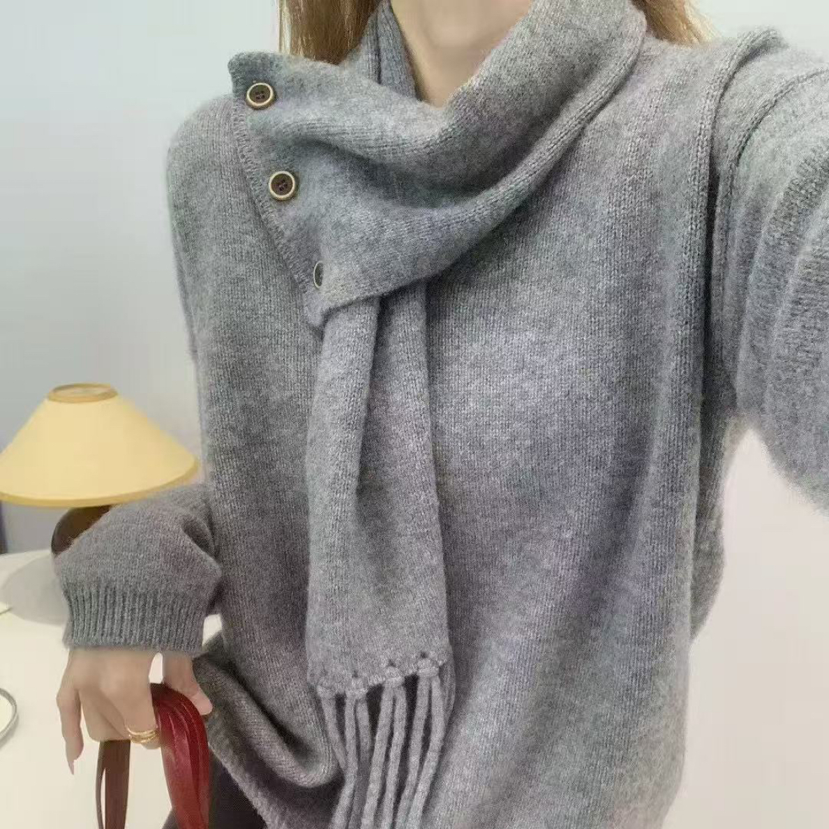 8720可拆卸围巾针织衫女秋冬韩系慵懒风宽松软糯保暖毛衣上衣女
