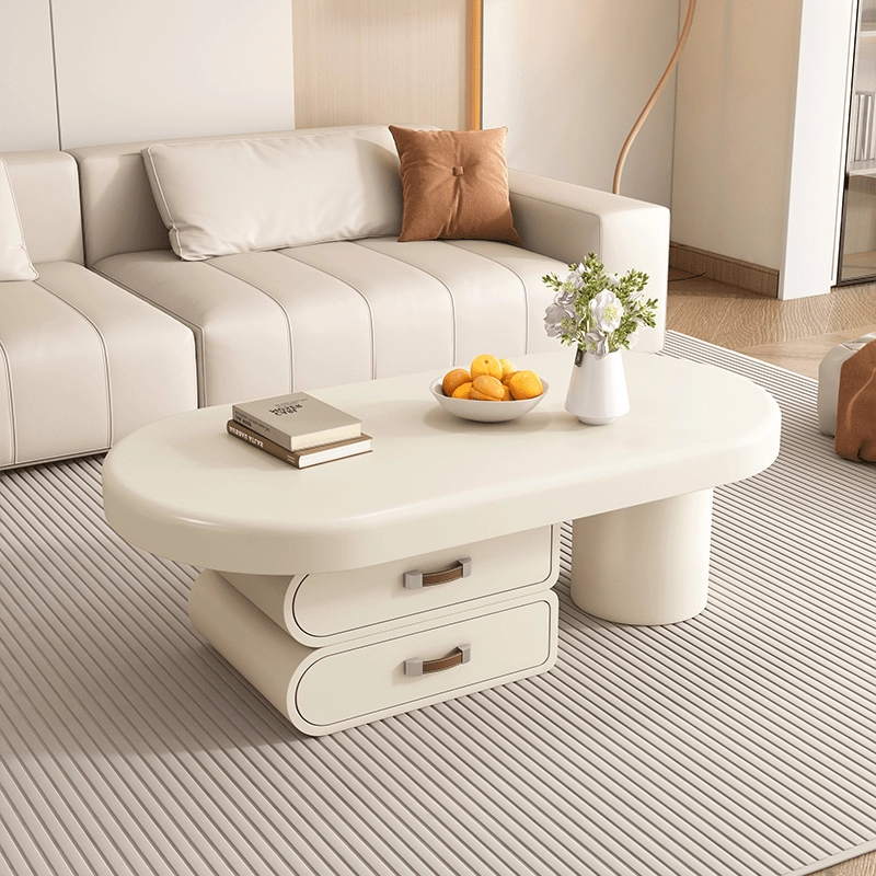 奶油风轻奢茶几家用小户型新款高级设计感椭圆形简约拼色客厅茶桌