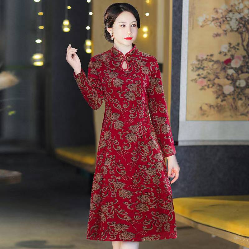 中国风改良旗袍长袖连衣裙新款中年妈妈年轻洋气修身裙子假两件套