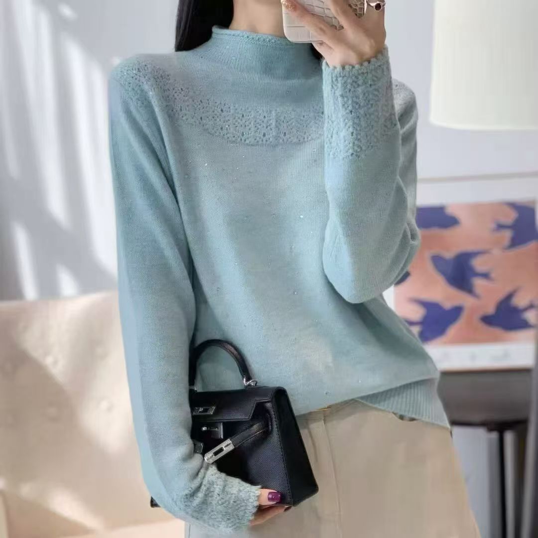 1118款，满天星亮钻法式勾花套头毛衣