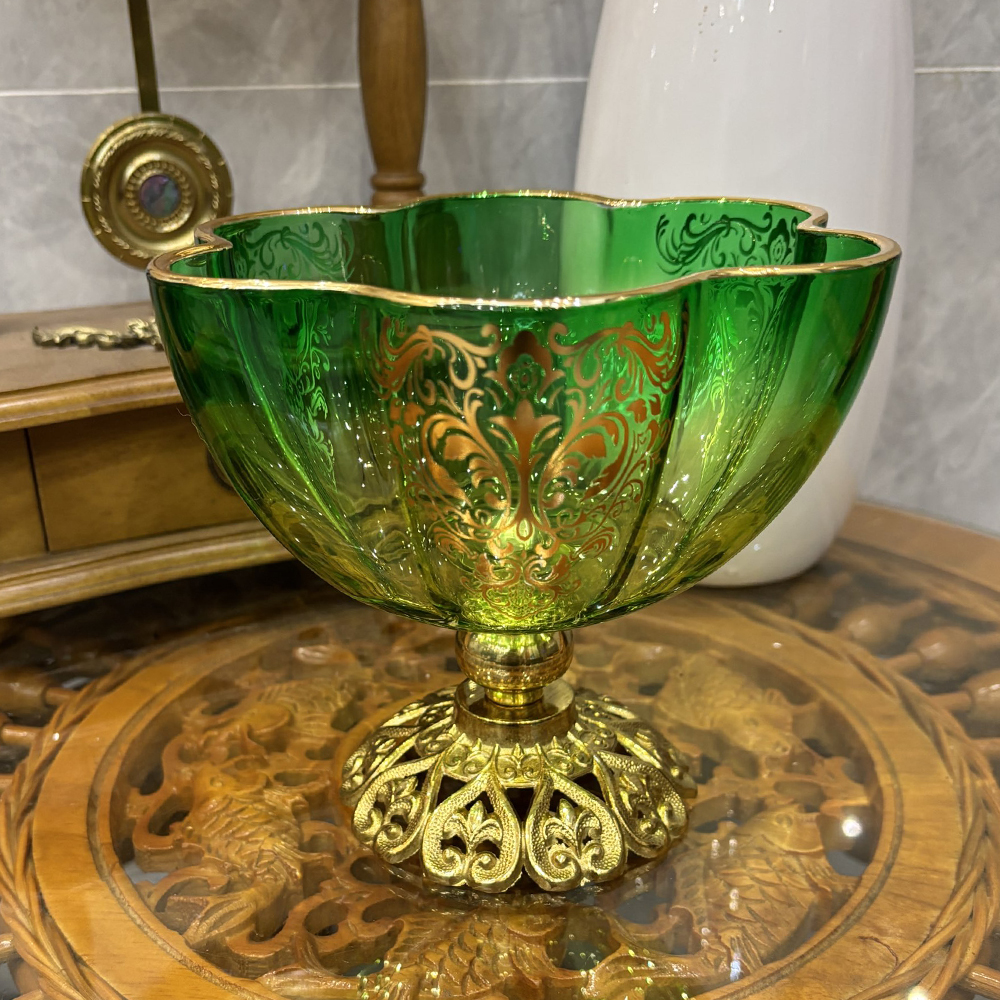 新款法式全铜高脚描金水晶玻璃水果托盘