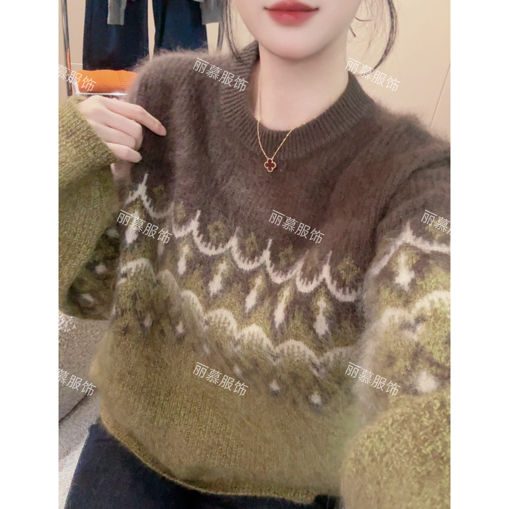 【绿咖费尔岛】费尔岛波浪提花撞色浣熊软糯针织长袖毛衣2380