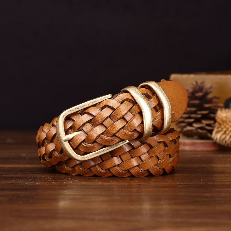 个性时尚潮流手工编织皮带女免打孔百搭复古纯牛皮编制真皮腰带女