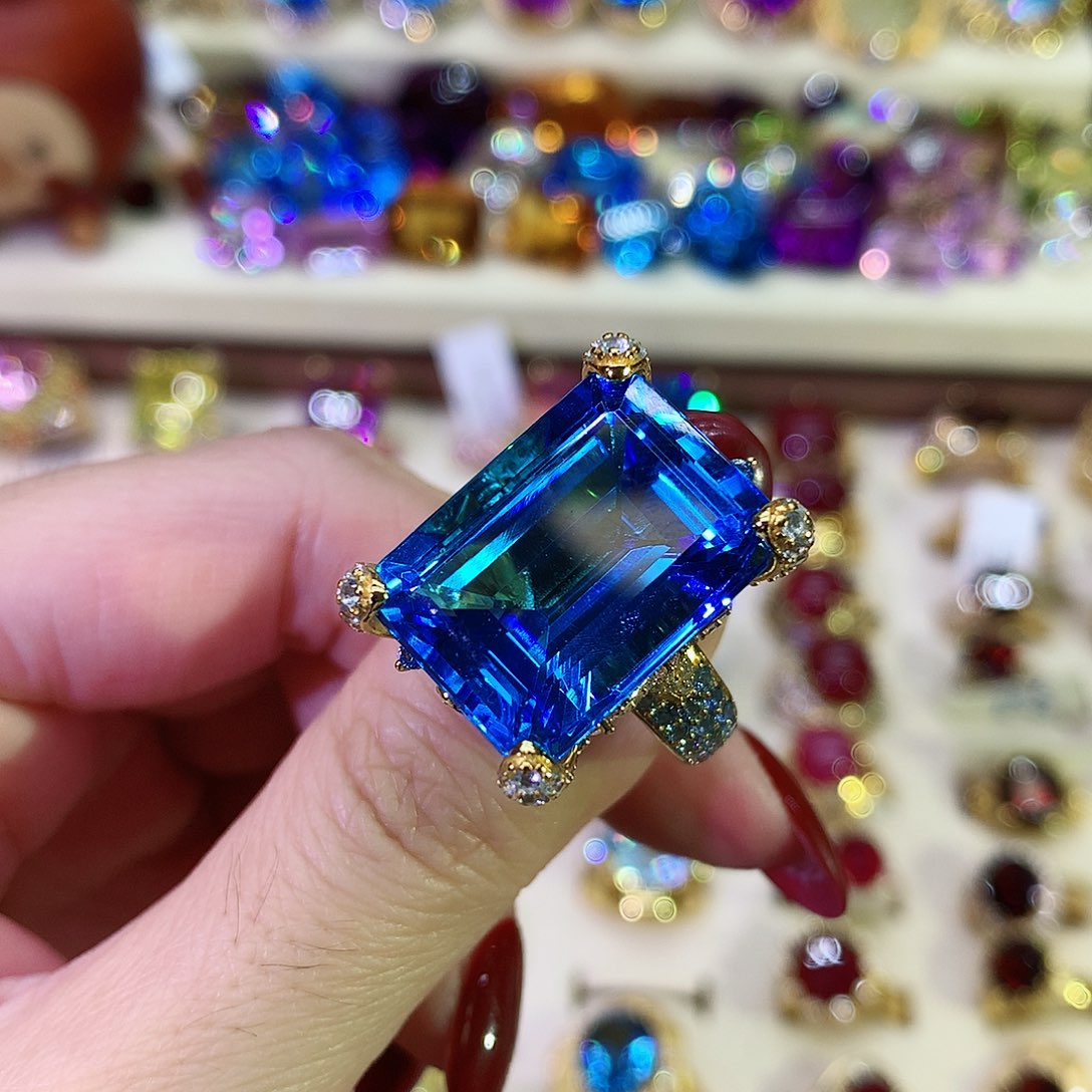 托帕石戒指银S925镀金镶嵌