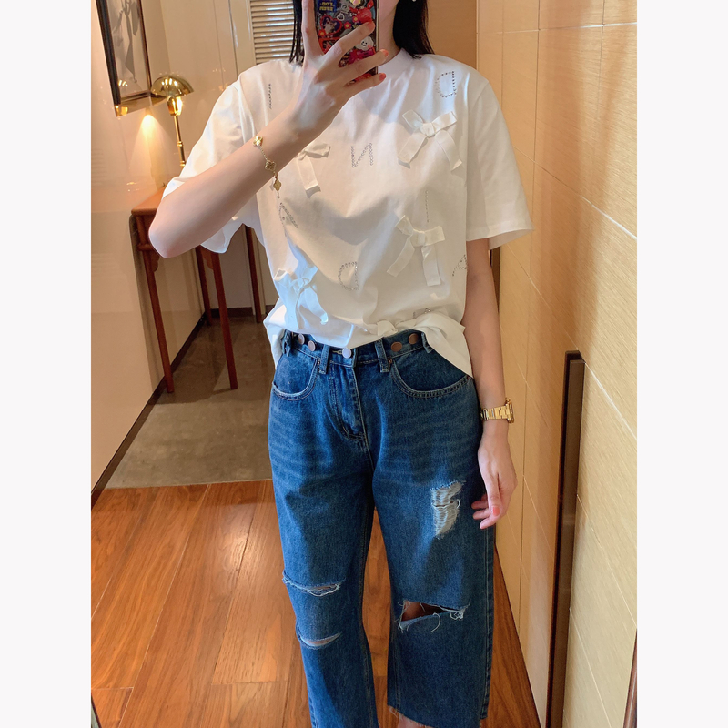 【张静芝】烫钻字母立体蝴蝶结短袖T恤