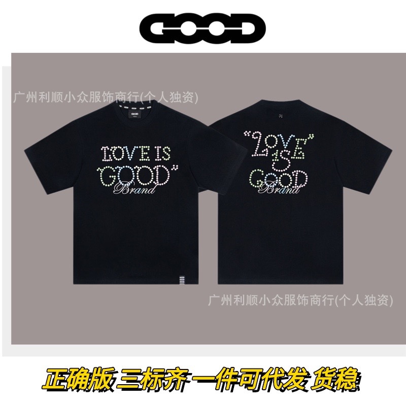 现货GOODBRAND 2025SS新款彩色珍珠短袖T恤刺绣字母宽松大码重磅