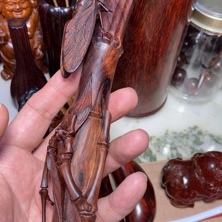 黄花梨/降香黄檀紫油梨手工雕刻知了竹子