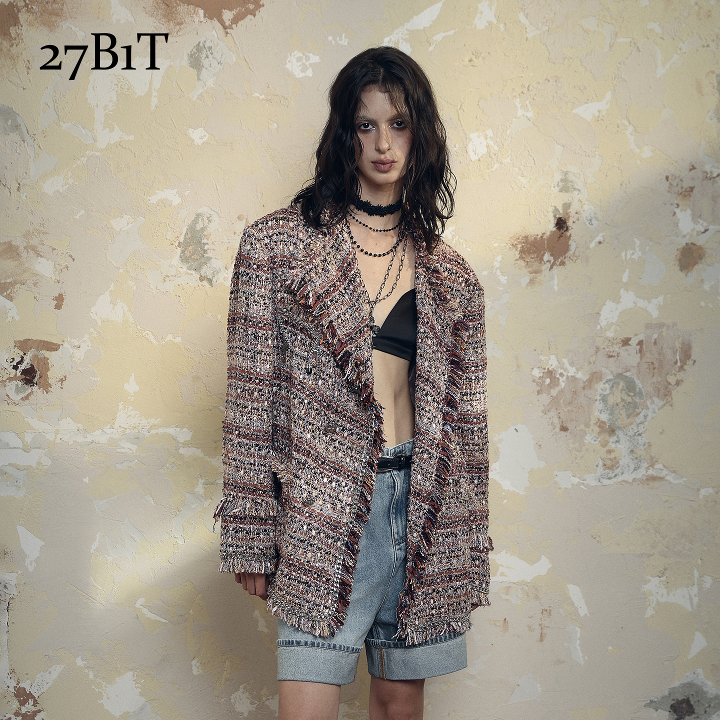 27B1T 红色链条手工流苏毛边粗花呢小香风外套25冬新款BDWWA2W374