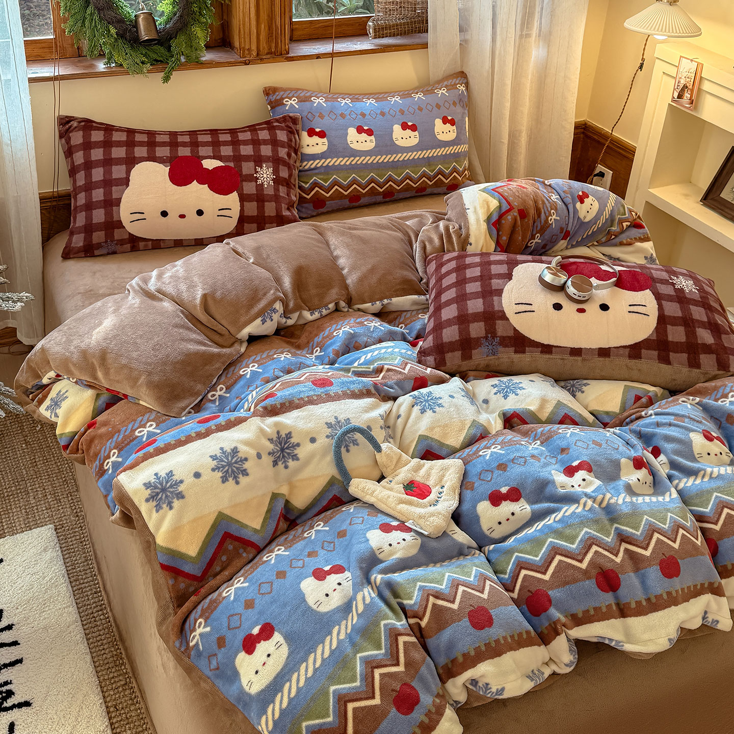 圣诞限定款牛奶绒四件套可爱猫猫加绒加厚款床品冬季被套双人单人