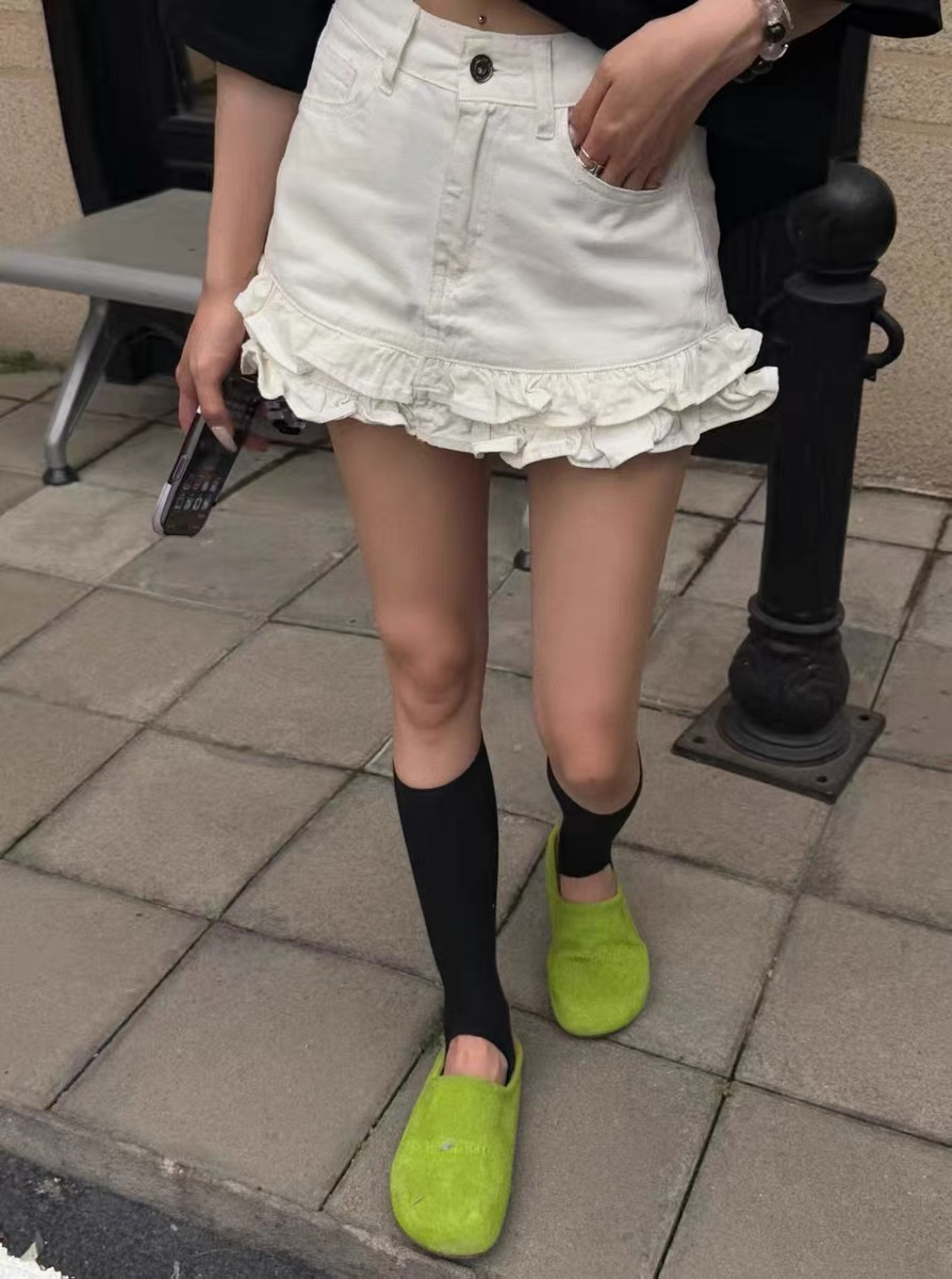 木耳花边芭蕾牛仔短裙夏辣妹高腰显瘦荷叶多巴胺甜美可爱风格衣服