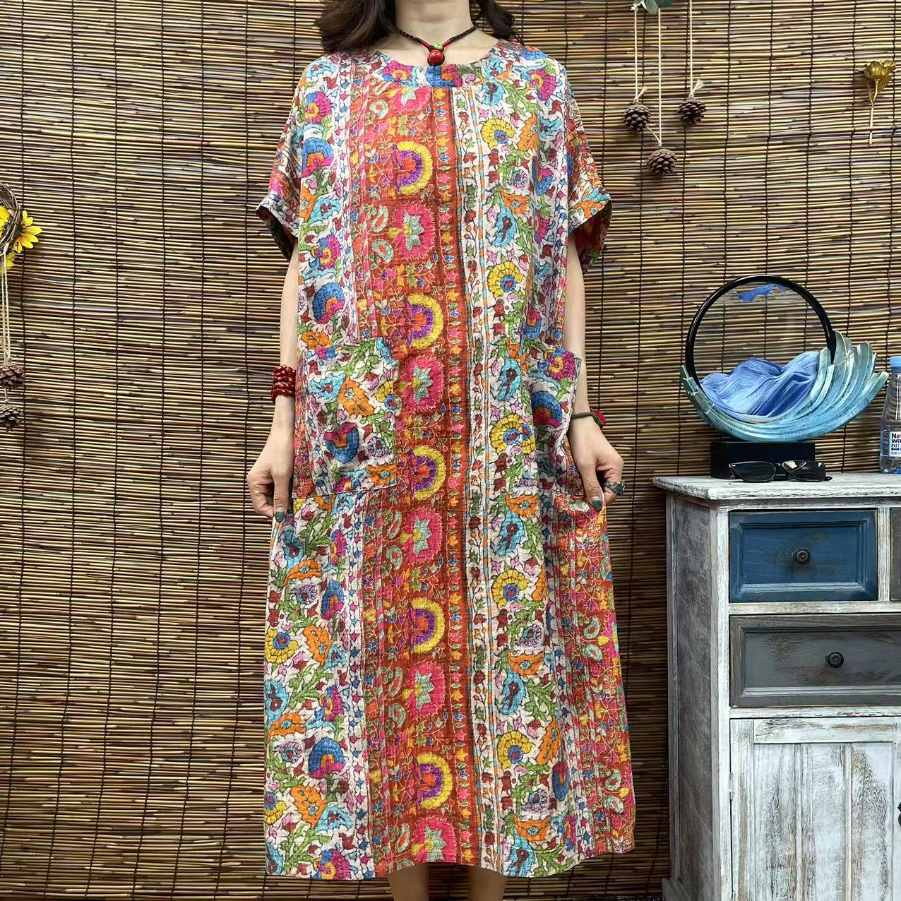 6217新款优雅显瘦圆领双口袋白底彩色花朵长款大摆连衣裙时尚