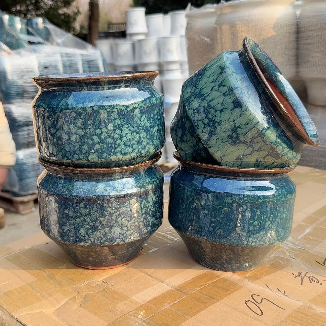 紫砂花盆口15高14）四个直筒雪花绿