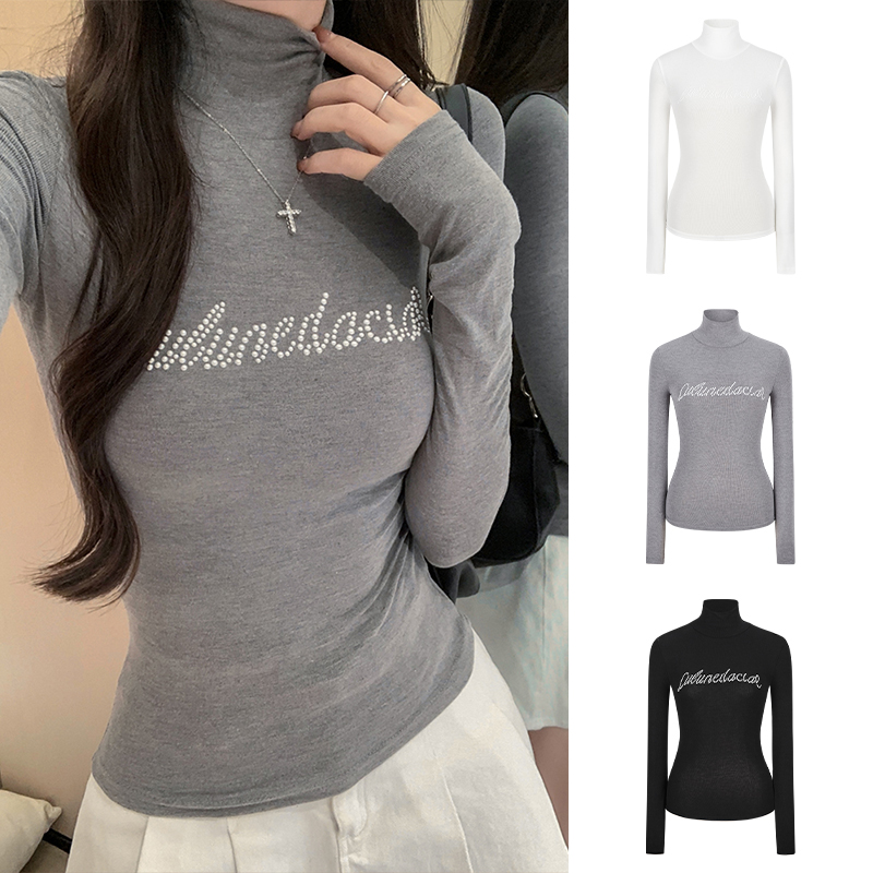 Moses Queen/魔西女王美式辣妹复古烫钻长袖T恤掐腰显瘦高领打底