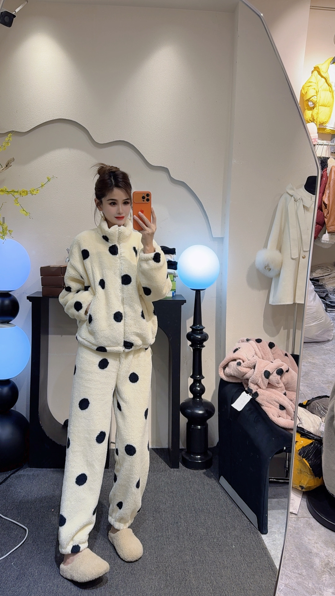 家居服套装长袖立领波点时尚秋冬季保暖睡衣韩版