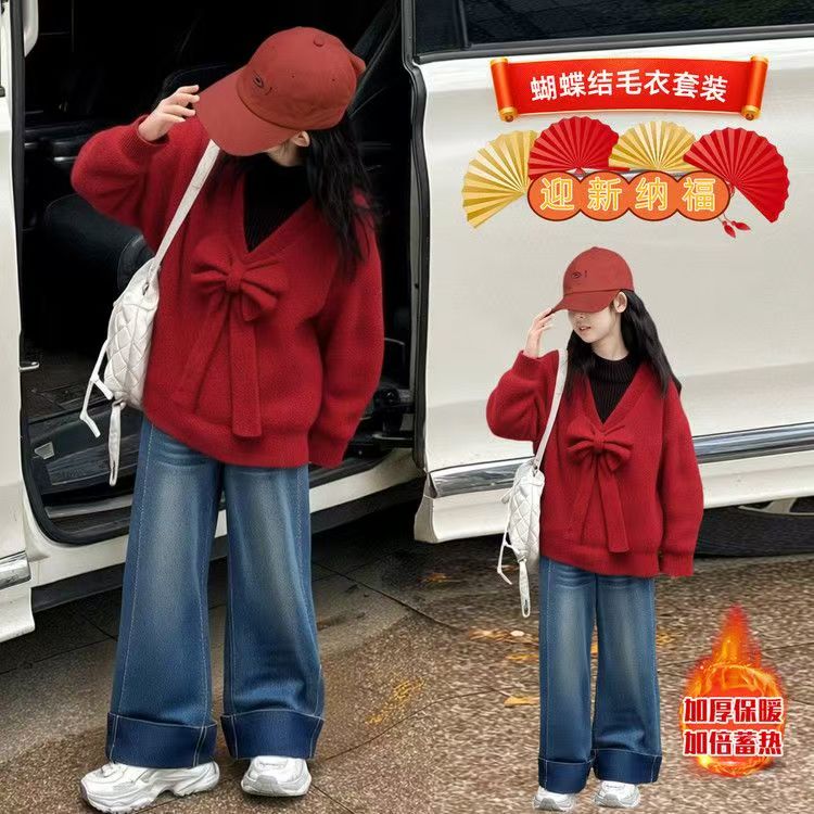 【年款*现货发】高品质女童本命年假两件加厚毛衣红色针织衫