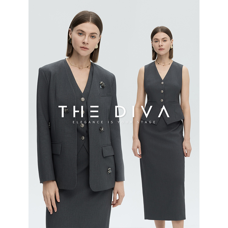 THE DIVA灰色简约无领西装/马甲/半裙套装女夏季高端气质通勤西服