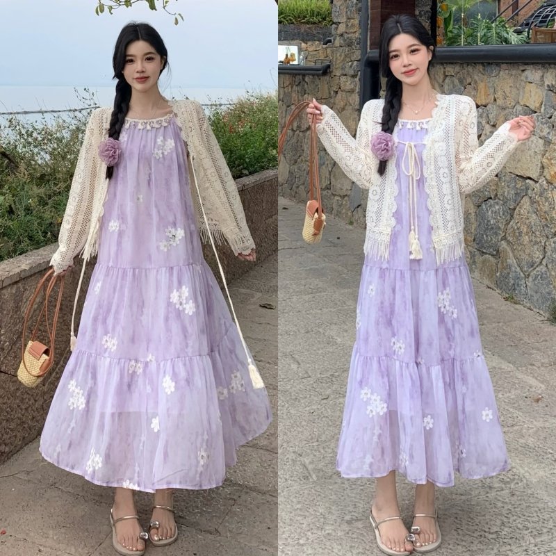 大码胖mm春夏法式温柔度假风设计感显瘦吊带连衣裙蕾丝开衫两件套