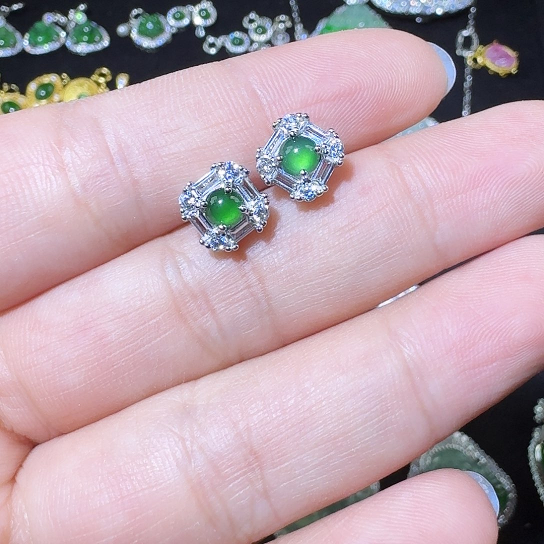 翡翠耳饰银S925镶嵌蛋面