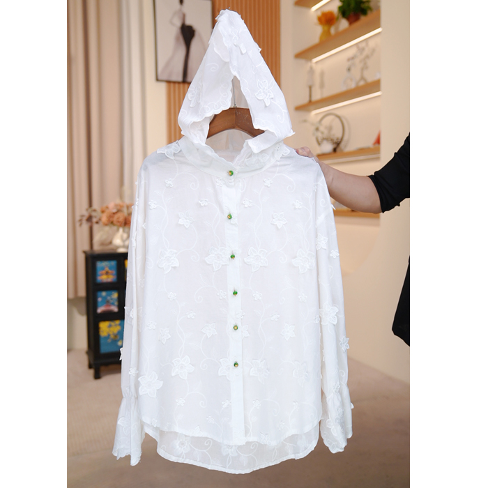 【DuShang】2025甜美连帽钩花刺绣长袖丝绵上衣外搭衬衫YZ3468