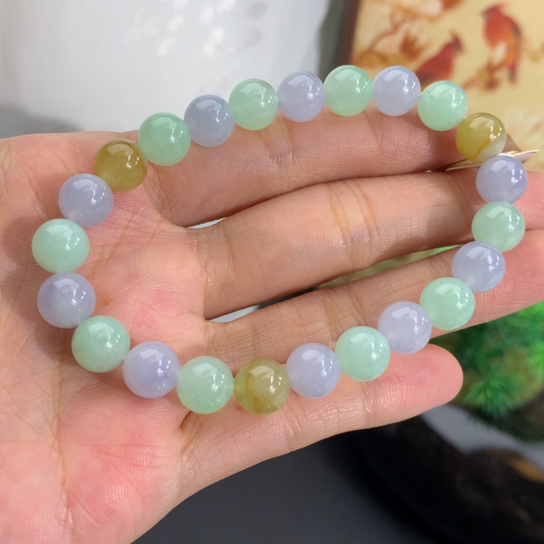 翡翠未镶嵌手串卡8胶润紫绿黄手串（推荐款）