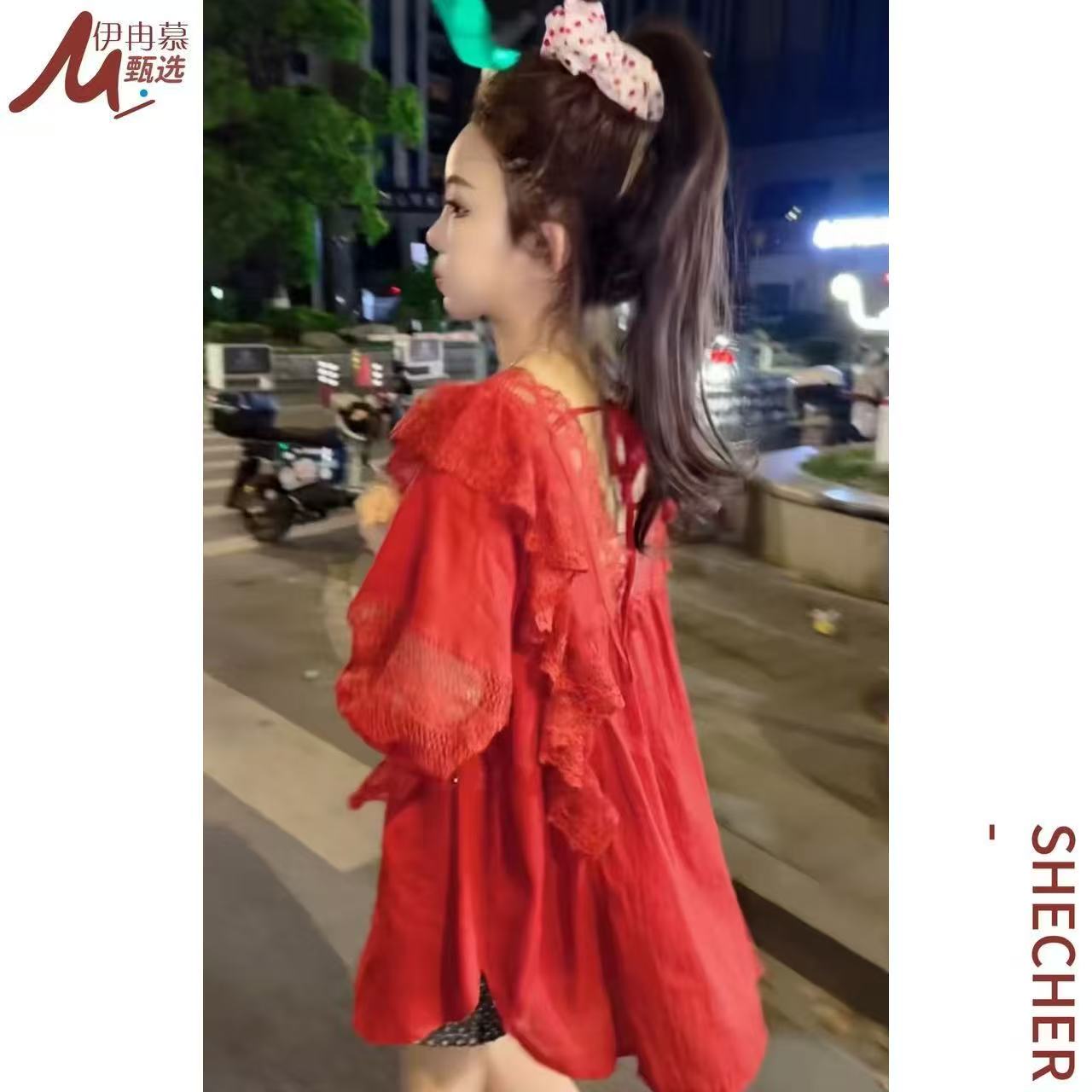 【伊冉慕甄选】简约通勤V领韩版蕾丝T恤网红洋气公主长袖夏装2521