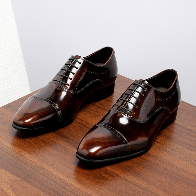 秋季头层牛皮皮鞋男正装商务真牛皮三接头牛津鞋亮面透气男鞋婚鞋