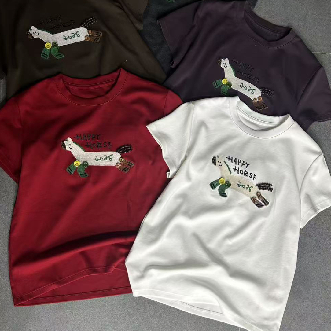 【海南肉丝】2319新款重工刺绣彩色小马短袖上衣