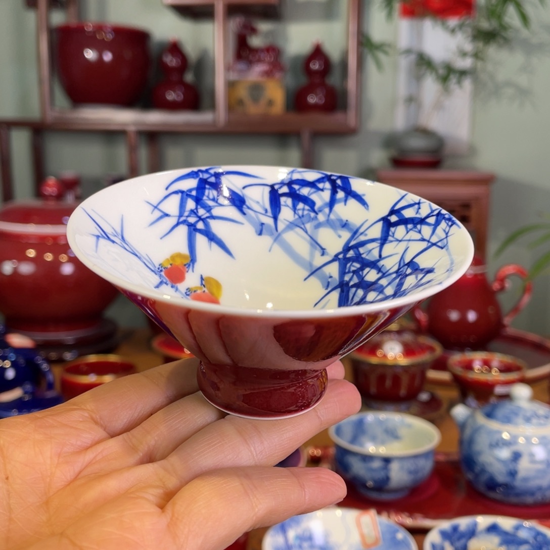 清欢雅玩原矿郎红内绘竹报平安斗笠杯