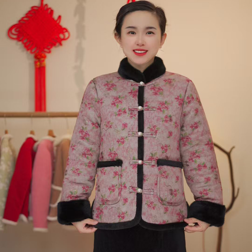 红碎花皮绒冬季保暖复古中国风高级正襟盘扣加绒加厚时尚女棉服