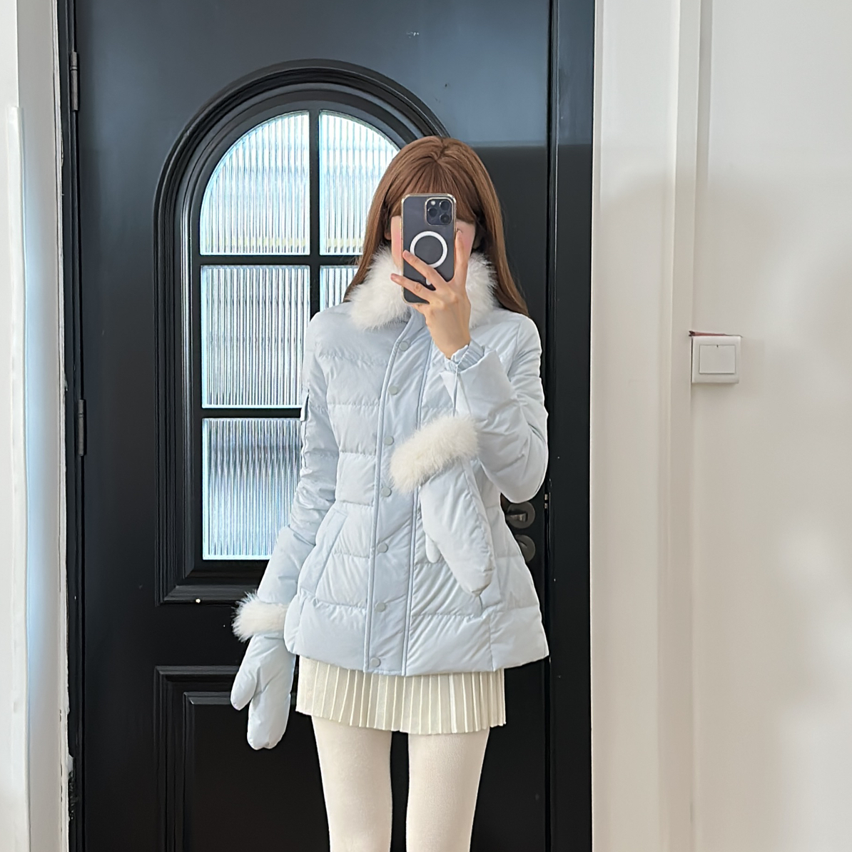 小小仟 高级感白鸭绒小个子毛领收腰显瘦短款蓝色排骨羽绒服冬季