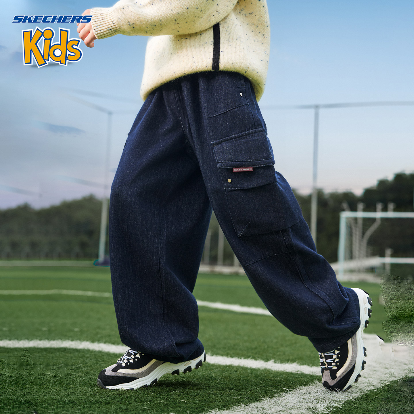 Skechers Kids斯凯奇儿童装新款直筒休闲加绒牛仔裤H425B111【ZL】