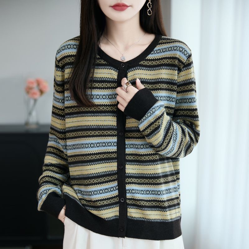 法式复古提花百搭圆领针织毛衣外套女菱格条纹设计感休闲保暖开衫