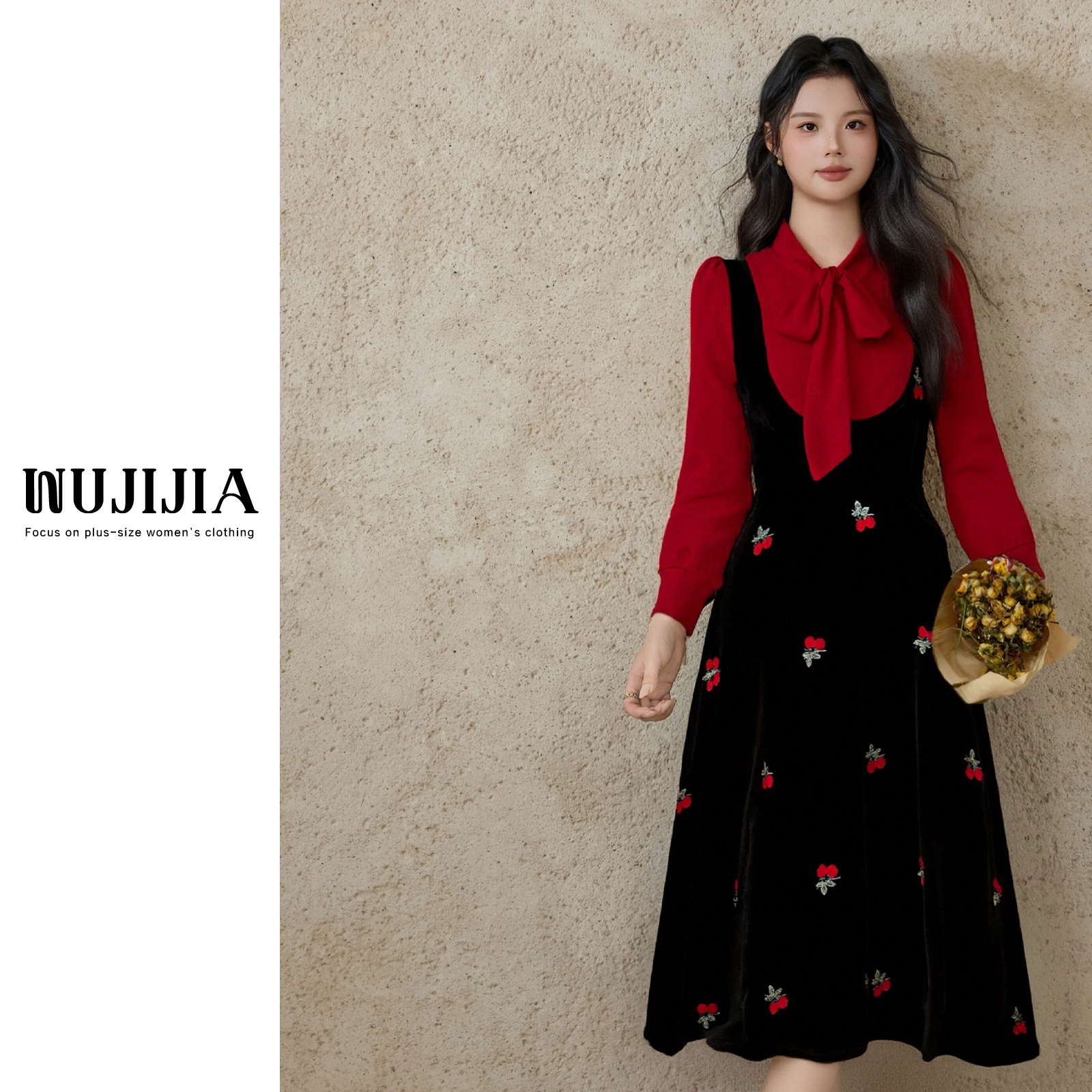 【五季家大码】秋冬新年战袍法式复古高级感黑拼红连衣裙ZL115204