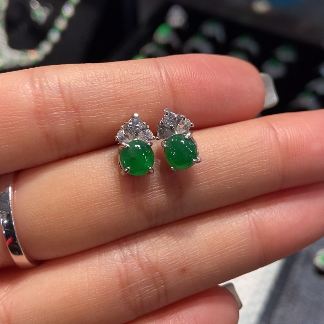 翡翠银S925镶嵌耳饰天然缅甸