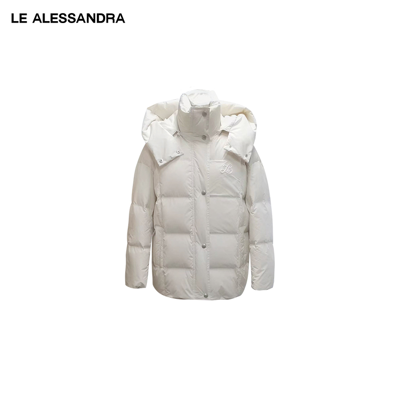 品牌直营 LE ALESSANDRA 奶油中长款连帽外套立体硅胶羽绒服