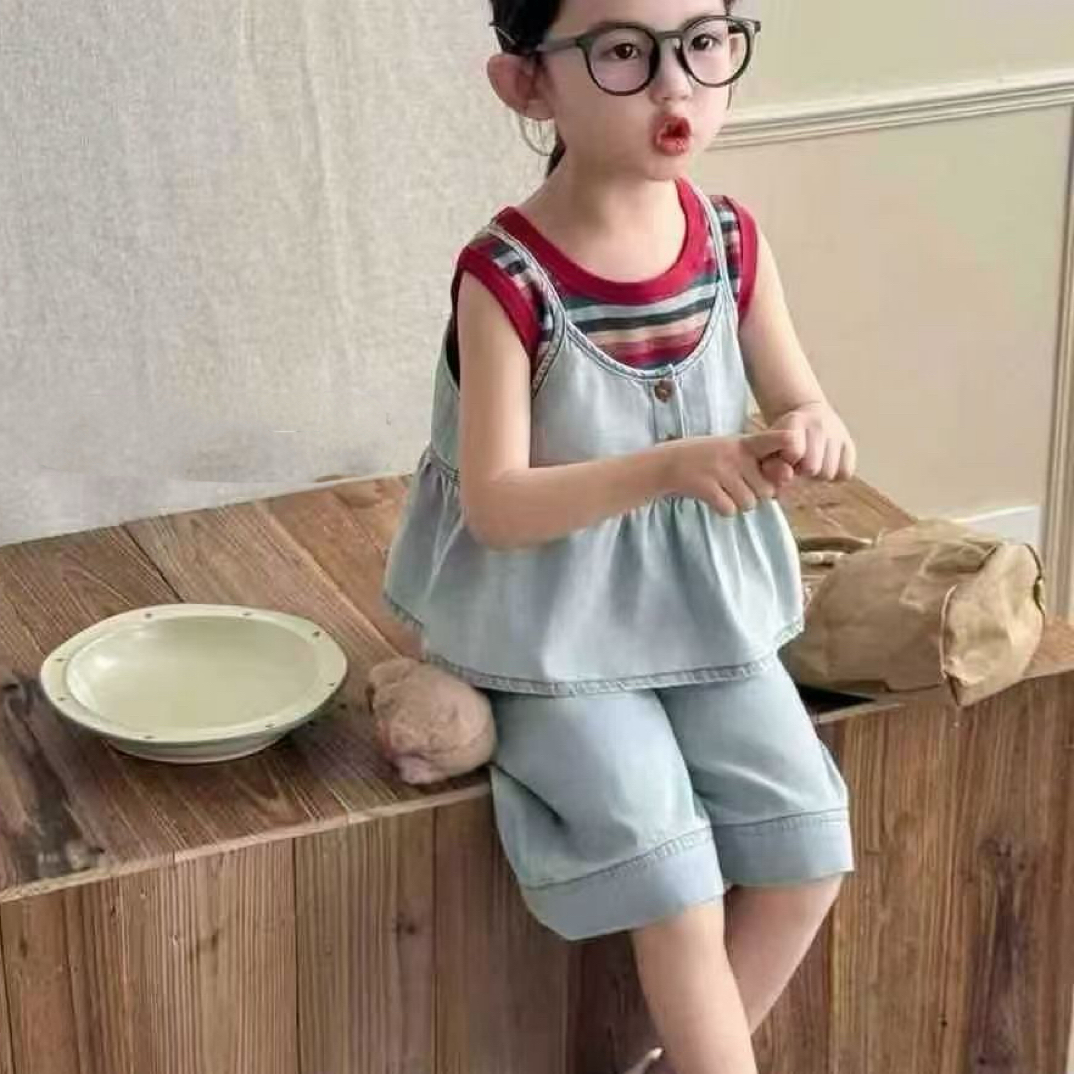 薄款韩版夏装套装夏季纯色休闲风时尚无袖女宝外穿女
