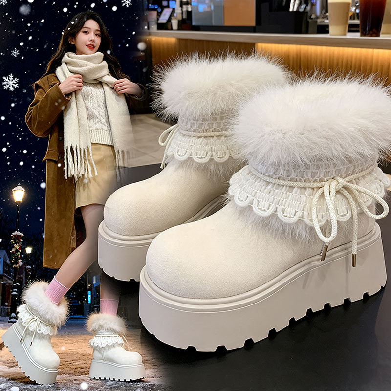 厚底毛毛白色雪地靴女2025年冬季新款加绒加厚保暖中筒可爱毛毛靴