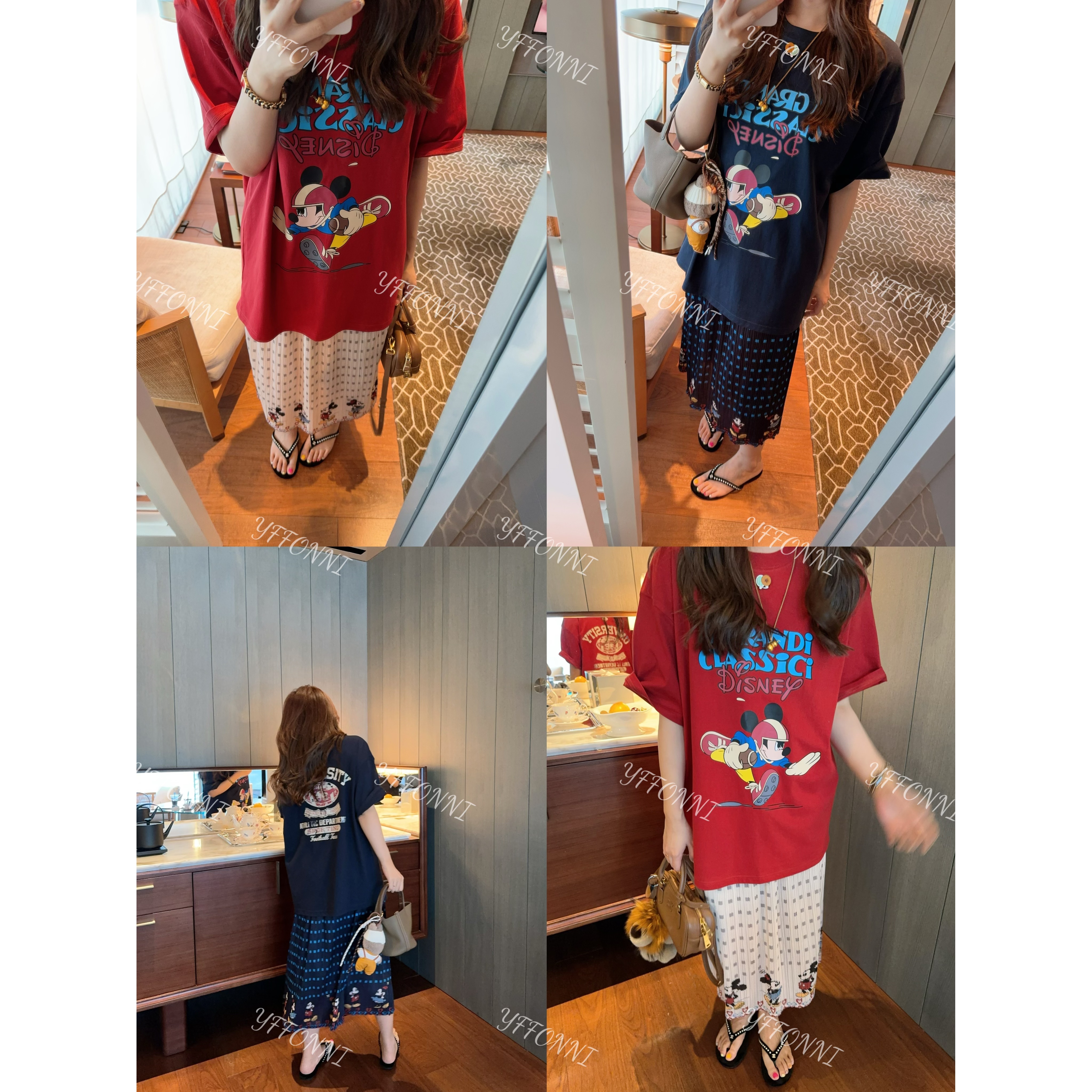【YFONI】夏季高品米奇印图T恤加松紧腰百搭满印半裙~