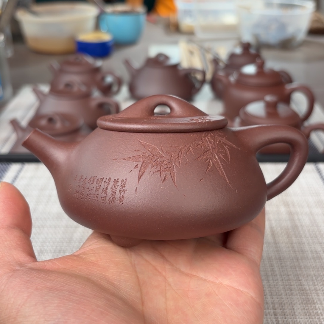 紫砂茶壶半手工老紫泥满刻景舟石瓢壶220cc