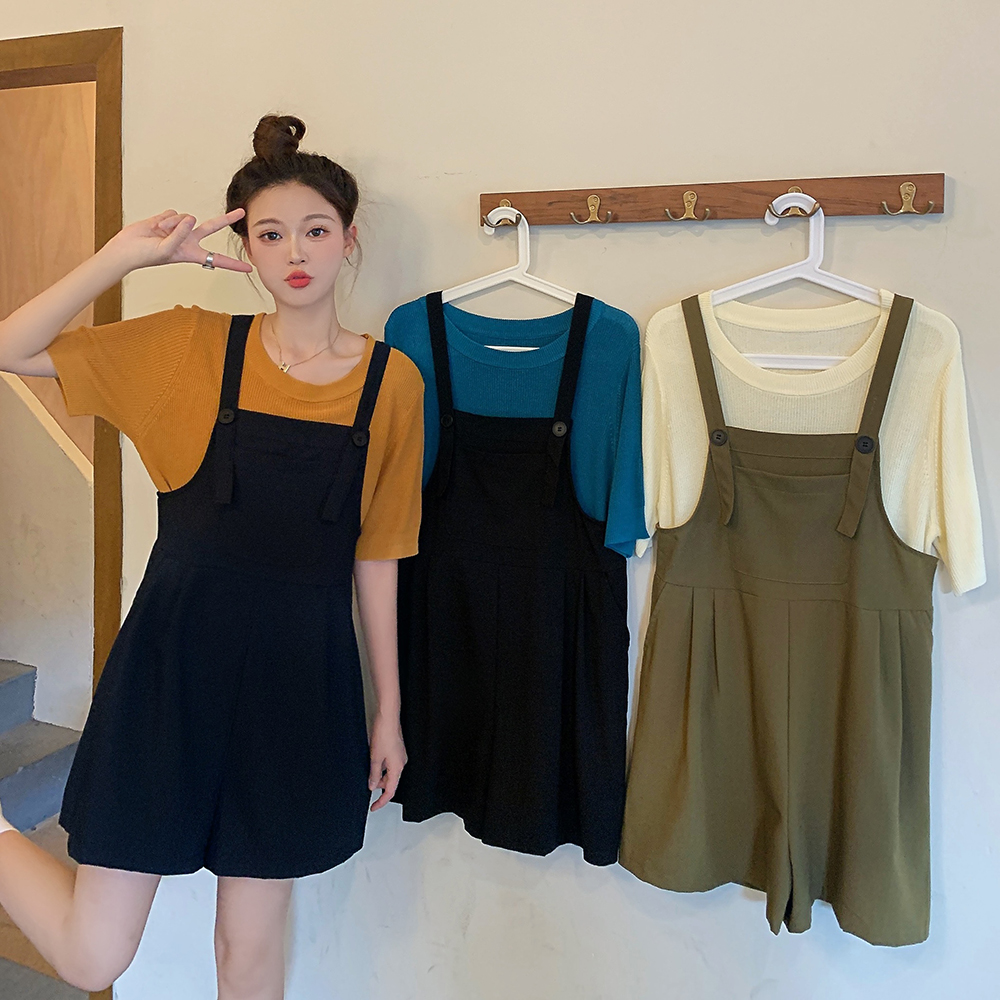 【涵胖胖】Q大码女装夏装新款胖妹妹针织毛衣背带裤两件套装 1778