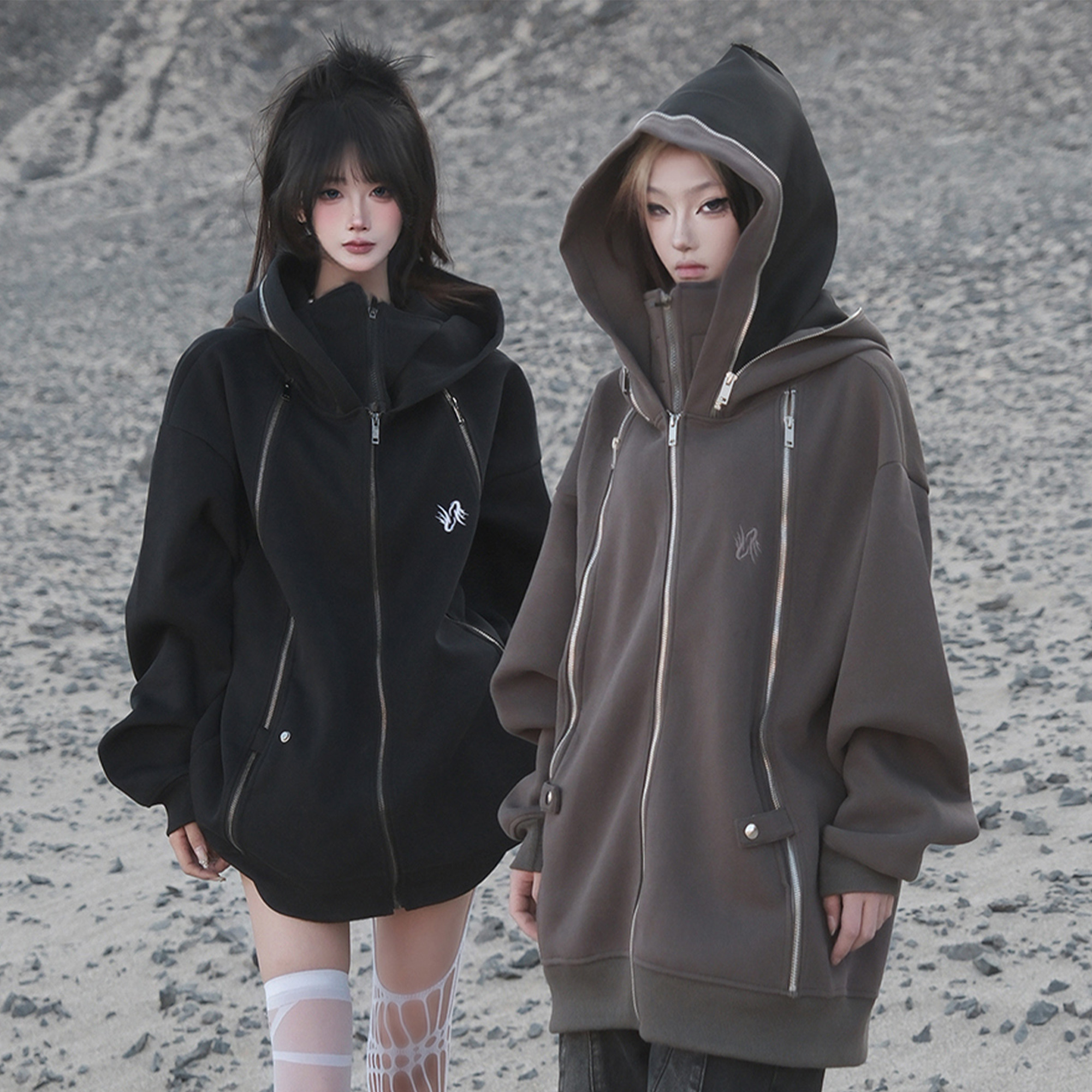 ZCNT逅来者秋冬美式多拉链设计感连帽卫衣重磅纯色小众开衫上衣