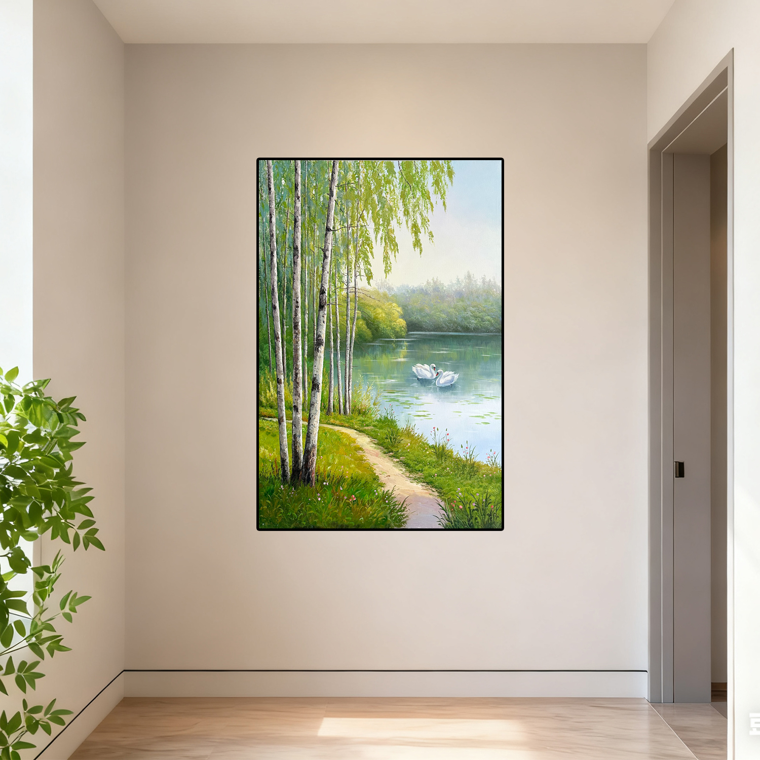 天鹅湖绿色田园森林风景手绘油画玄关走廊客厅卧室挂画竖版中古风