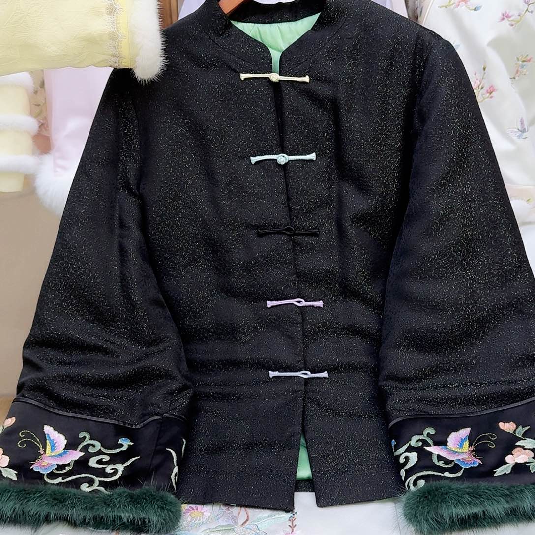织绣真丝黑色立领棉服