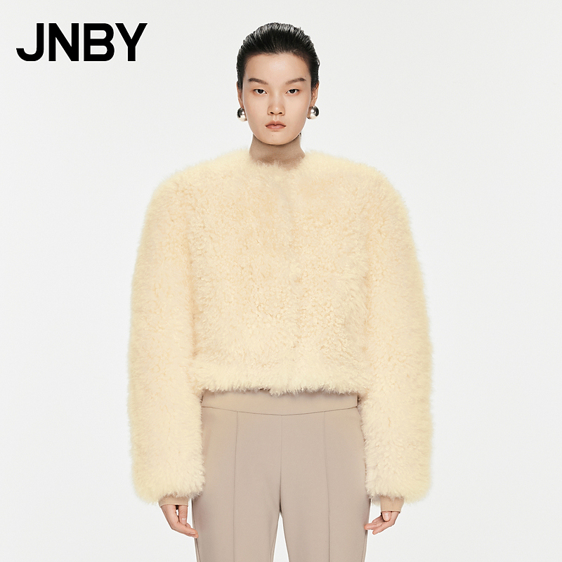 JNBY/江南布衣秋冬山羊绒皮草外套保暖无领长袖H型气质5O9A12290